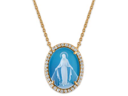 Frank Ronay Collection Blue Agate and Cubic Zirconia 20X15MM 18-inch Virgen Milagrosa Pendant in 18KT Yellow Gold Plated Sterling Silver Online Hot Sale