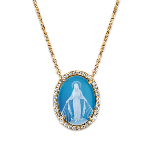 Frank Ronay Collection Blue Agate and Cubic Zirconia 20X15MM 18-inch Virgen Milagrosa Pendant in 18KT Yellow Gold Plated Sterling Silver Online Hot Sale