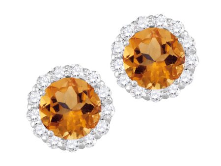 6MM Round Citrine and White Sapphire Birthstone Halo Stud Earrings in 10KT White Gold For Cheap