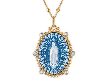 Frank Ronay Collection Blue Agate and Cubic Zirconia 30X23MM 26-inch Guadalupe Pendant in 18KT Yellow Gold Plated Sterling Silver on Sale