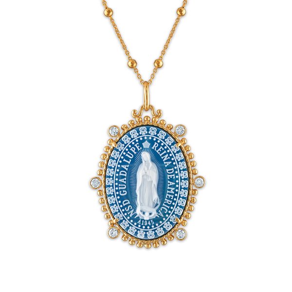 Frank Ronay Collection Blue Agate and Cubic Zirconia 30X23MM 26-inch Guadalupe Pendant in 18KT Yellow Gold Plated Sterling Silver on Sale