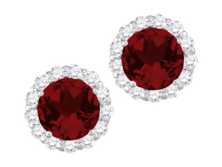 6MM Round Garnet and White Sapphire Birthstone Halo Stud Earrings in 10KT White Gold For Cheap