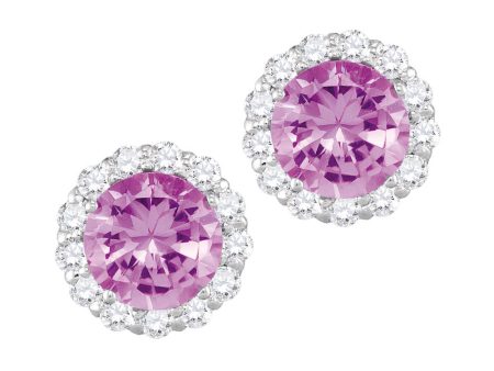 6MM Round Pink Sapphire and White Sapphire Birthstone Halo Stud Earrings in 10KT White Gold Sale