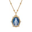 Frank Ronay Collection Blue Agate and Cubic Zirconia 20X16MM 18-inch Virgen Milagrosa Pendant in 18KT Yellow Gold Plated Sterling Silver on Sale