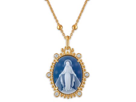 Frank Ronay Collection Blue Agate and Cubic Zirconia 20X16MM 18-inch Virgen Milagrosa Pendant in 18KT Yellow Gold Plated Sterling Silver on Sale