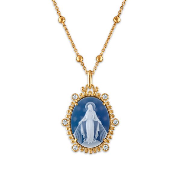 Frank Ronay Collection Blue Agate and Cubic Zirconia 20X16MM 18-inch Virgen Milagrosa Pendant in 18KT Yellow Gold Plated Sterling Silver on Sale