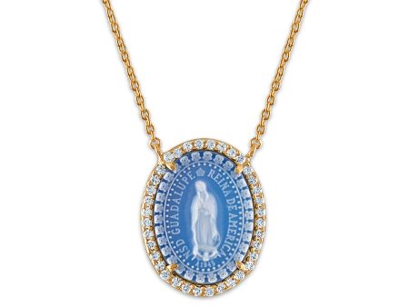 Frank Ronay Collection Blue Agate and Cubic Zirconia 19X15MM 18-inch Guadalupe Pendant in 18KT Yellow Gold Plated Sterling Silver For Cheap