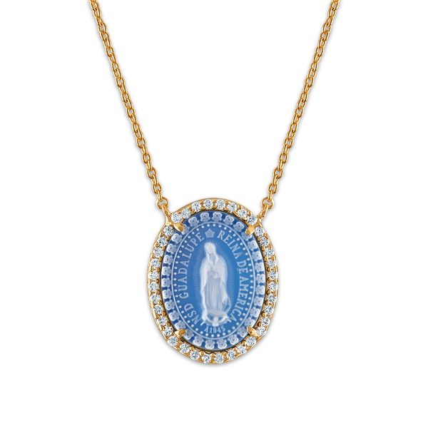 Frank Ronay Collection Blue Agate and Cubic Zirconia 19X15MM 18-inch Guadalupe Pendant in 18KT Yellow Gold Plated Sterling Silver For Cheap