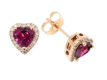 5MM Heart Shape Rhodolite Garnet and Diamond Halo Stud Earrings in 14KT Rose Gold Fashion