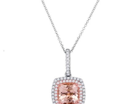 7MM Cushion Morganite and Diamond Halo 18-inch Pendant in 14KT White and Rose Gold For Sale