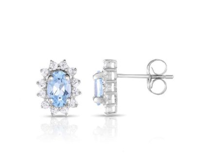 6X4MM Oval Aquamarine and White Topaz Halo Earrings in 10KT White Gold For Sale