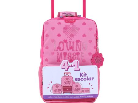 Kit Mochila Con Ruedas, Lonchera, Lapicera Y Morral Para Niña En Rosa Happy Girl By Chenson Flov Cheap