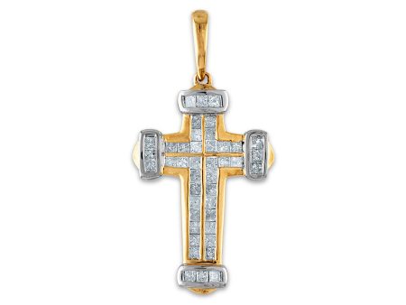 10KT White and Yellow Gold 1 CTW Diamond 36X17MM Cross Pendant. Chain Not Included Hot on Sale