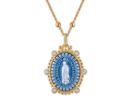 Frank Ronay Collection Blue Agate and Cubic Zirconia 20X16MM 18-inch Guadalupe Pendant in 18KT Yellow Gold Plated Sterling Silver For Cheap