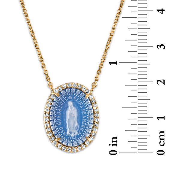 Frank Ronay Collection Blue Agate and Cubic Zirconia 19X15MM 18-inch Guadalupe Pendant in 18KT Yellow Gold Plated Sterling Silver For Cheap