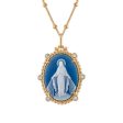 Frank Ronay Collection Blue Agate and Cubic Zirconia 25X18MM 20-inch Virgen Milagrosa Pendant in 18KT Yellow Gold Plated Sterling Silver Supply