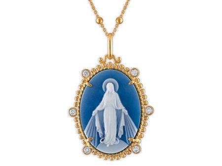 Frank Ronay Collection Blue Agate and Cubic Zirconia 25X18MM 20-inch Virgen Milagrosa Pendant in 18KT Yellow Gold Plated Sterling Silver Supply