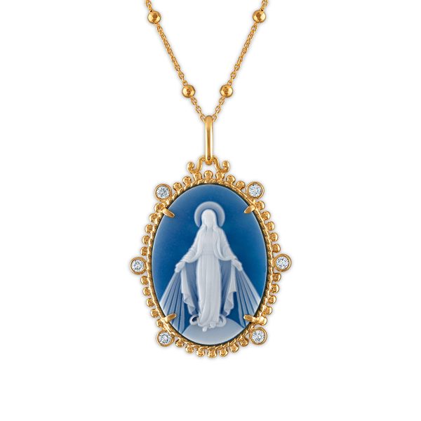 Frank Ronay Collection Blue Agate and Cubic Zirconia 25X18MM 20-inch Virgen Milagrosa Pendant in 18KT Yellow Gold Plated Sterling Silver Supply