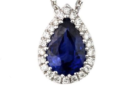 6X4MM Pear Blue Sapphire and Diamond Halo 18-inch Pendant in 14KT White Gold For Discount