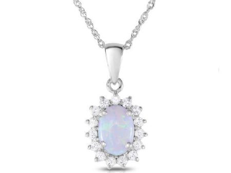 7X5MM Oval Opal and White Topaz Halo 18-inch Pendant in 10KT White Gold Online Sale