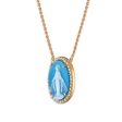 Frank Ronay Collection Blue Agate and Cubic Zirconia 20X15MM 18-inch Virgen Milagrosa Pendant in 18KT Yellow Gold Plated Sterling Silver Online Hot Sale