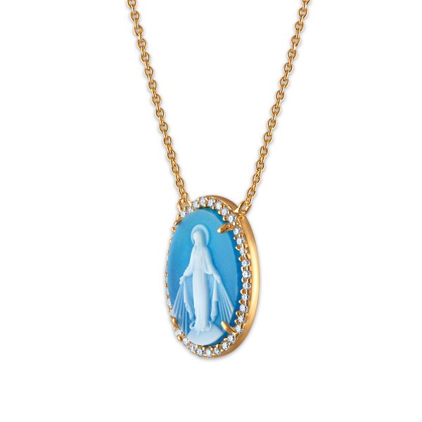 Frank Ronay Collection Blue Agate and Cubic Zirconia 20X15MM 18-inch Virgen Milagrosa Pendant in 18KT Yellow Gold Plated Sterling Silver Online Hot Sale