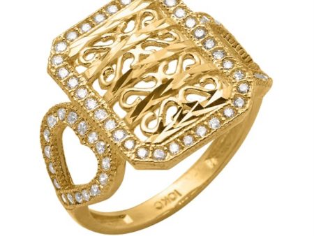 10KT Yellow Gold Round Cubic Zirconia Filigree Ring For Sale