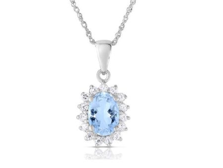 7X5MM Oval Aquamarine and White Topaz Halo 18-inch Pendant in 10KT White Gold Sale