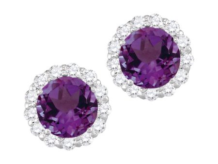 6MM Round Amethyst and White Sapphire Birthstone Halo Stud Earrings in 10KT White Gold For Cheap