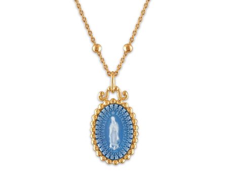 Frank Ronay Collection Blue Agate 15X10MM 18-inch Guadalupe Pendant in 18KT Yellow Gold Plated Sterling Silver For Cheap